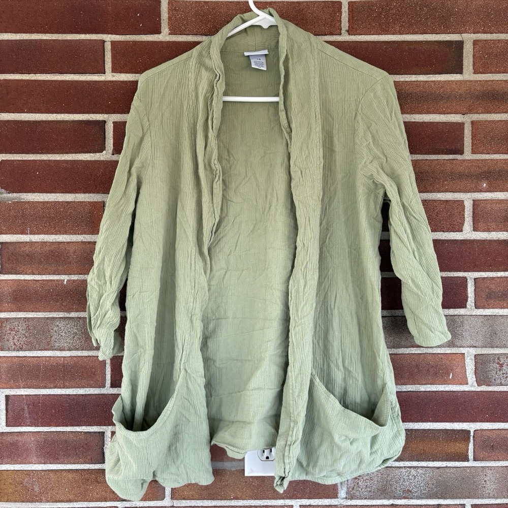 Vicki Wayne Green Crinkle Open Front Shrug Topper Women's Sz 18 A3462